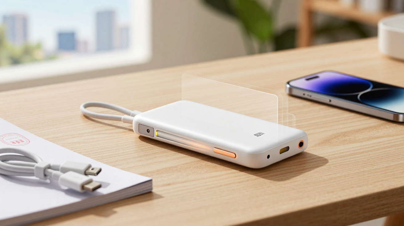 Power bank branco com cabos USB numa secretária de madeira, perto de um smartphone e um bloco de notas.