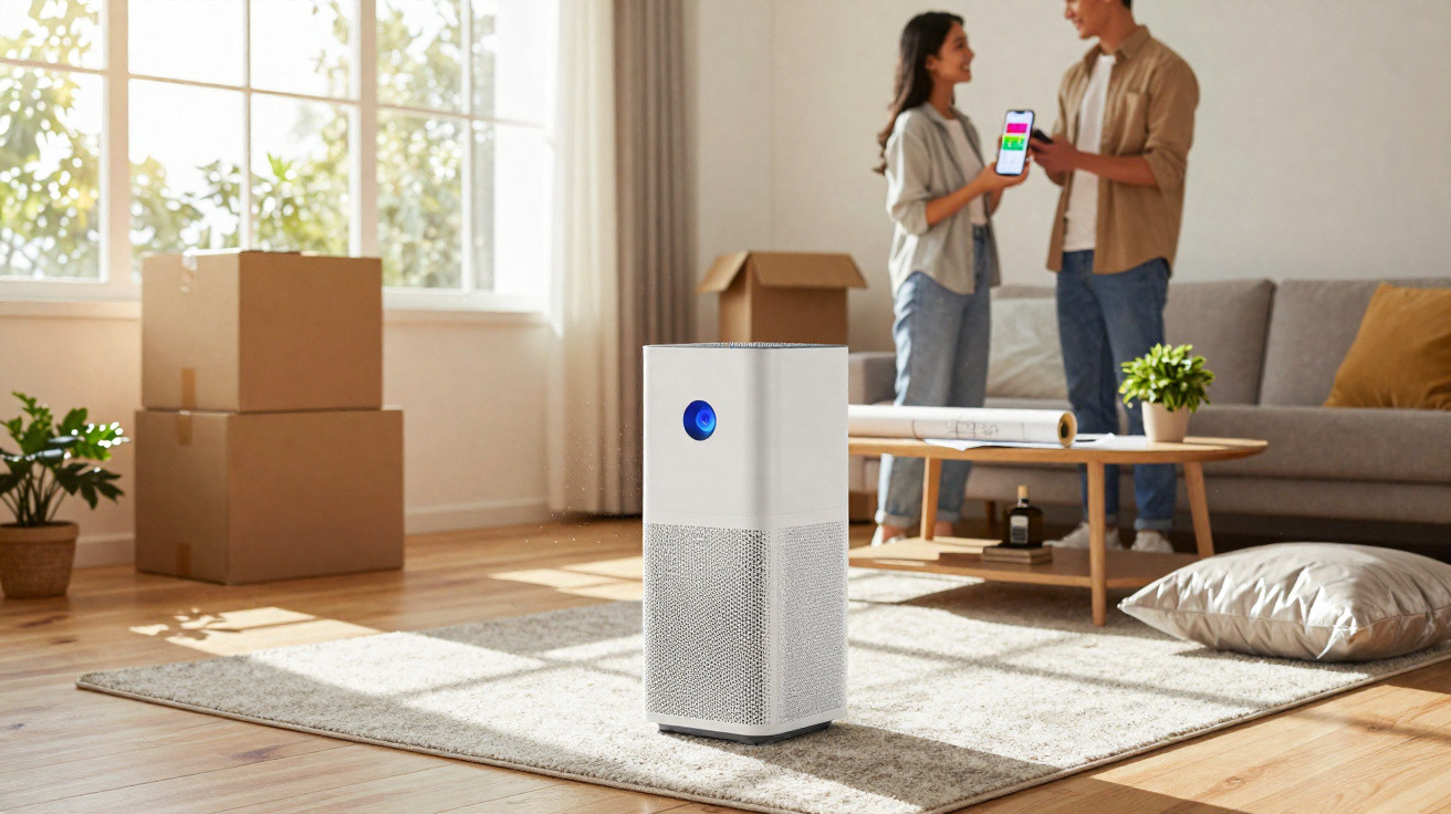 Purificador de ar branco em sala iluminada com casal ao fundo a mostrar uma aplicação no telemóvel.
