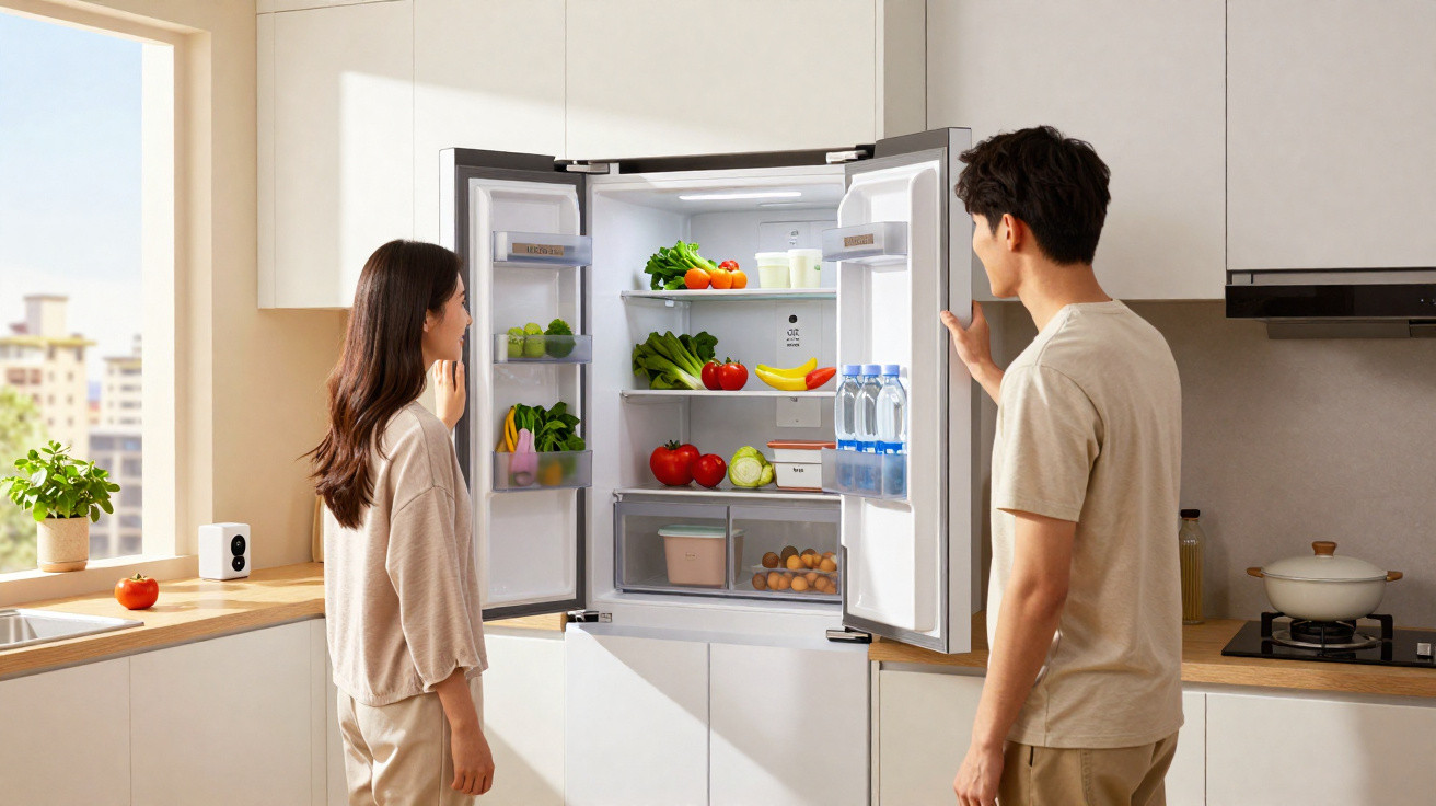 Homem e mulher observam frigorífico alto e aberto cheio de frutas, legumes e garrafas de água numa cozinha moderna.