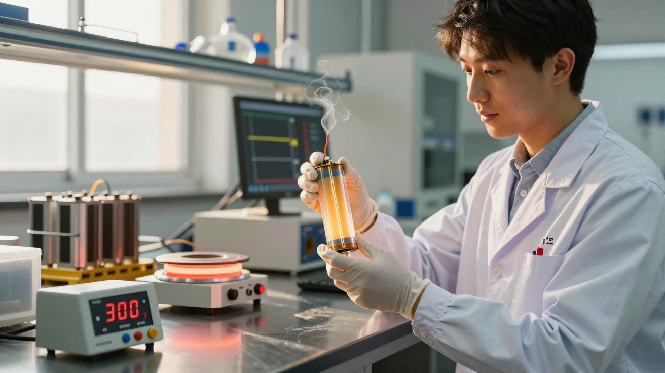 Cientista em laboratório a analisar célula de bateria que emite vapor numa bancada com equipamento técnico.