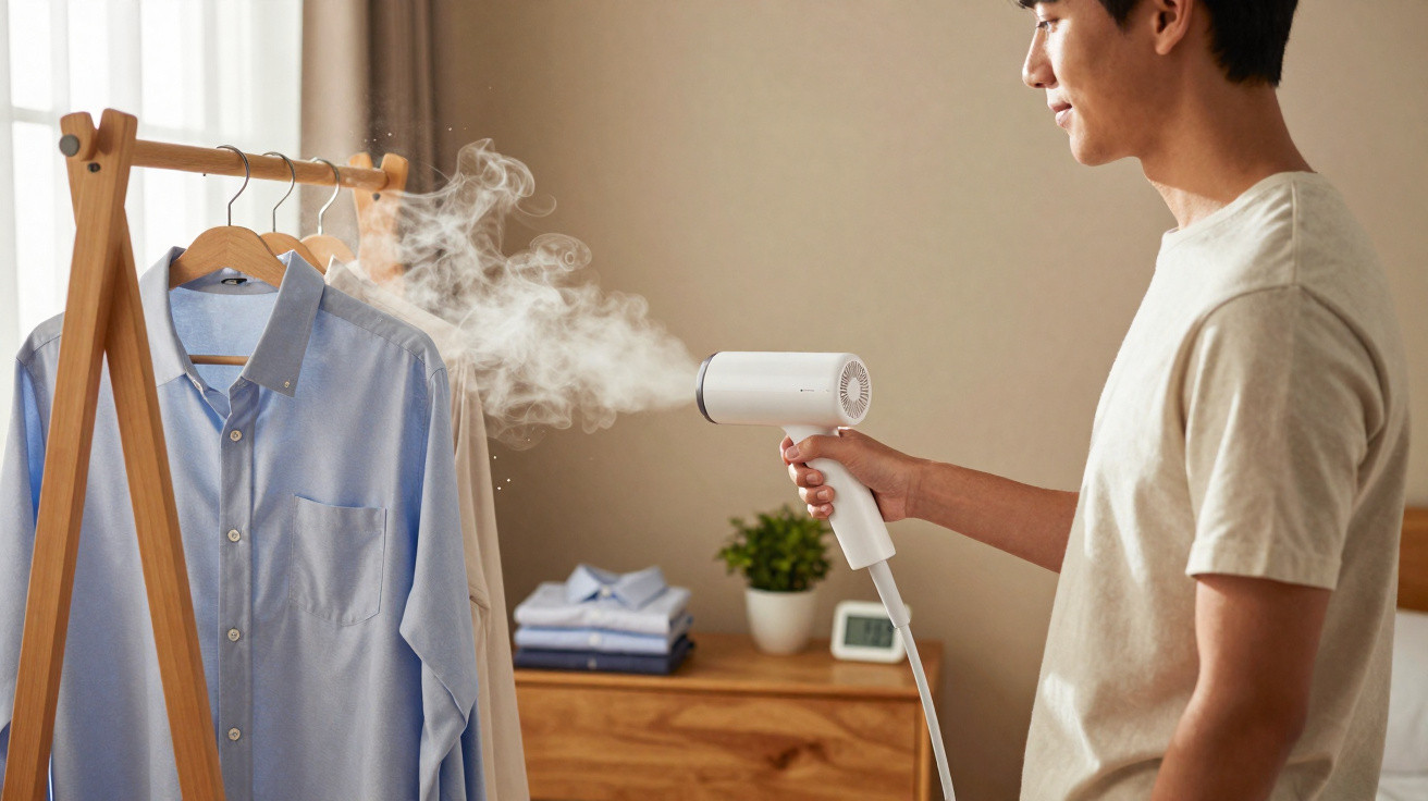 Homem a passar ferro a vapor numa camisa azul pendurada numa estrutura de madeira numa divisão.