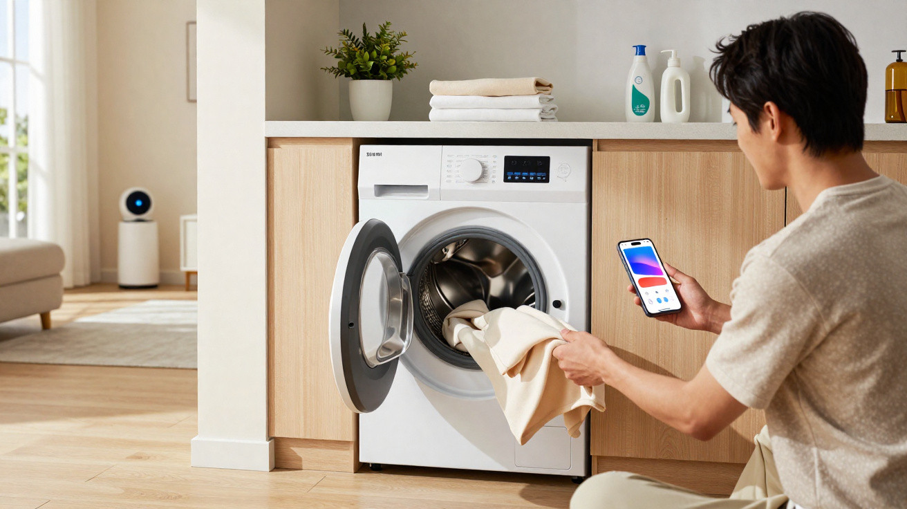 Homem a colocar roupa na máquina de lavar roupa branca usando um smartphone na sala de estar moderna.