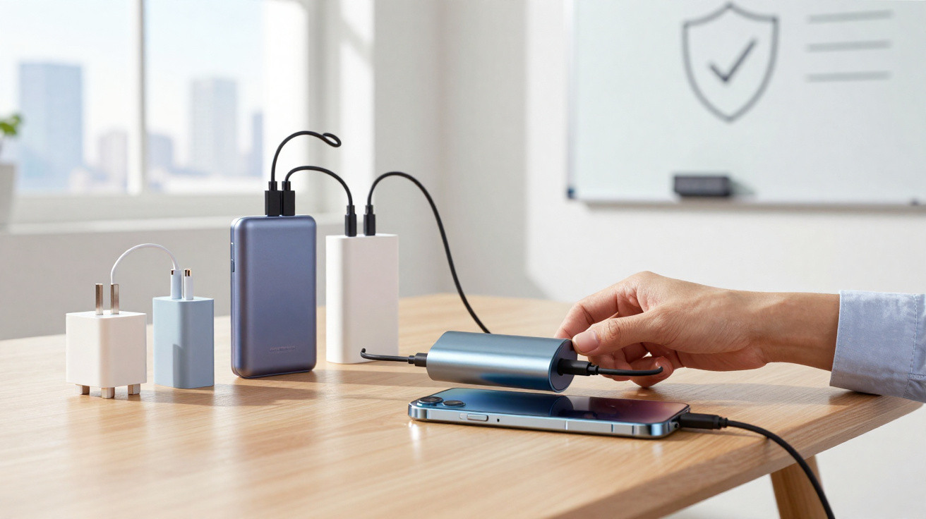 Mesa com vários carregadores e bateria portátil a carregar um smartphone, e uma mão a segurar um carregador.