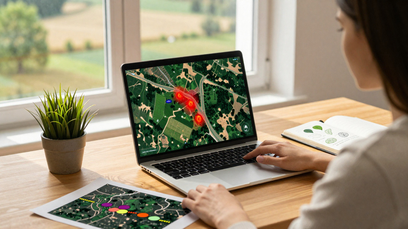 Pessoa a analisar mapas com dados de localização em portátil e impressão numa mesa junto a janela.
