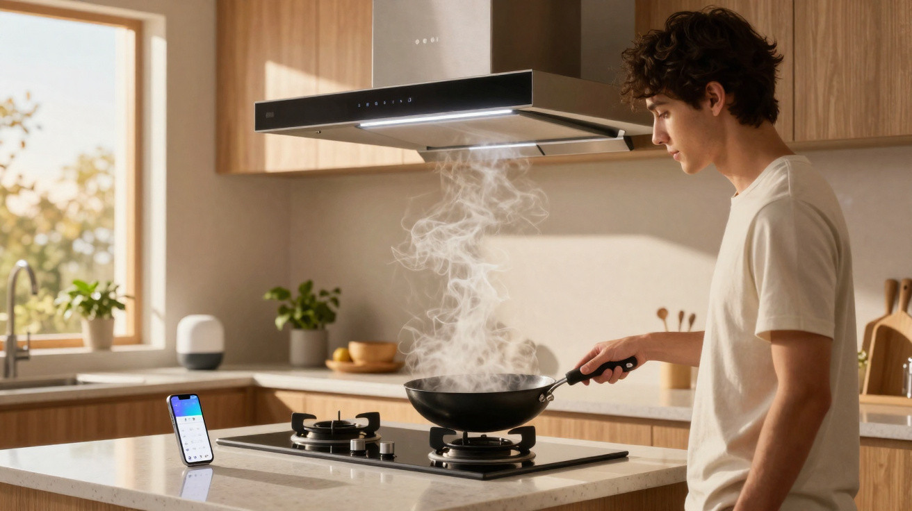 Jovem a cozinhar com frigideira gasosa numa cozinha moderna e luminosa, com smartphone na bancada.