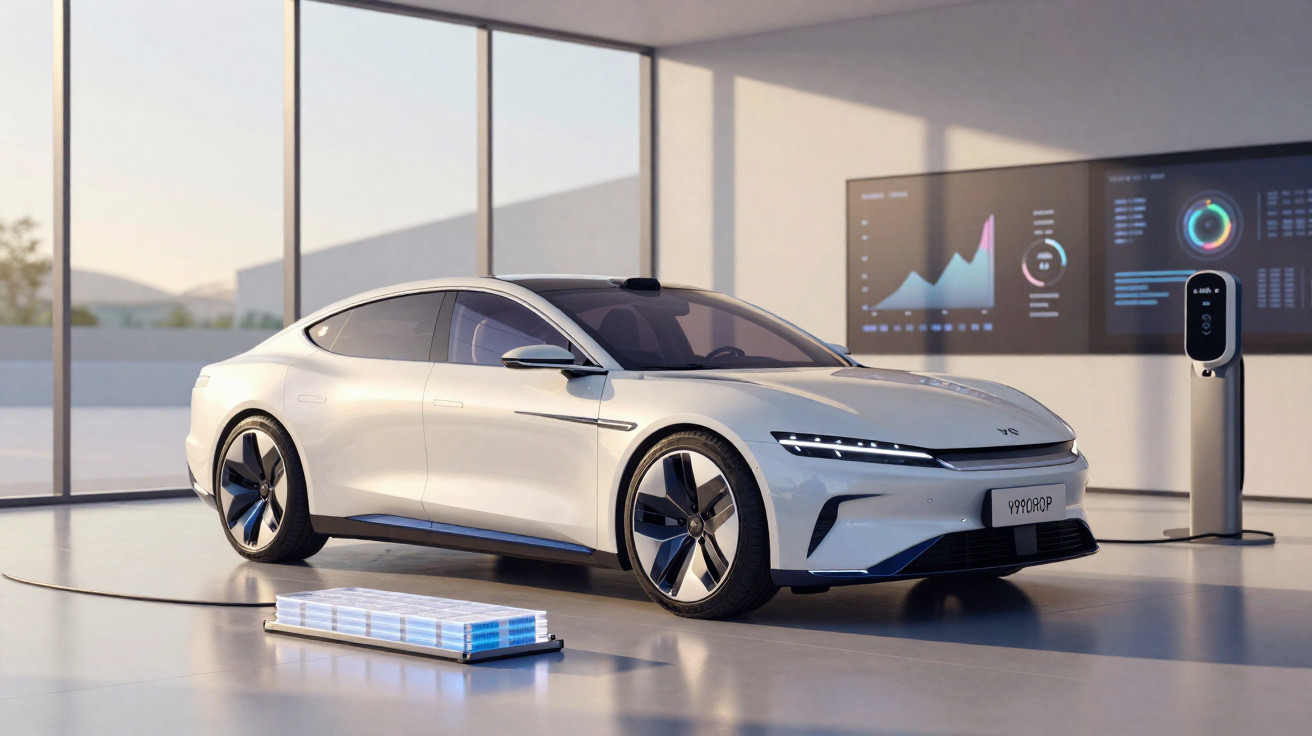 Automóvel elétrico branco estacionado em interior moderno com painel de controlo e estação de carregamento.
