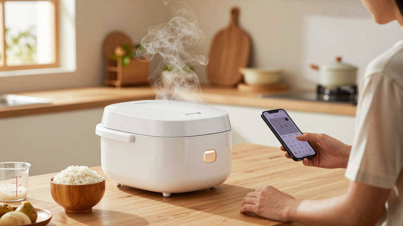 Panela de arroz a vapor com vapor saindo enquanto pessoa controla por telemóvel numa cozinha moderna.