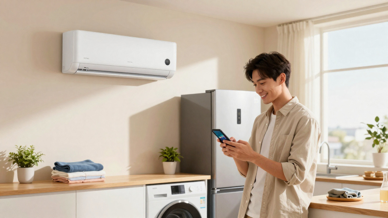 Homem sorridente a usar telemóvel numa cozinha luminosa com ar condicionado, frigorífico e máquina de lavar roupa.