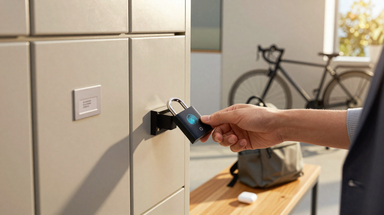 Pessoa a desbloquear armário com cadeado digital com impressão digital, bicicleta e mochila ao fundo.