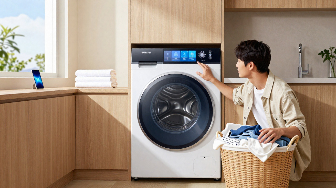 Homem junto a máquina de lavar roupa moderna numa cozinha com roupa no cesto de verga.