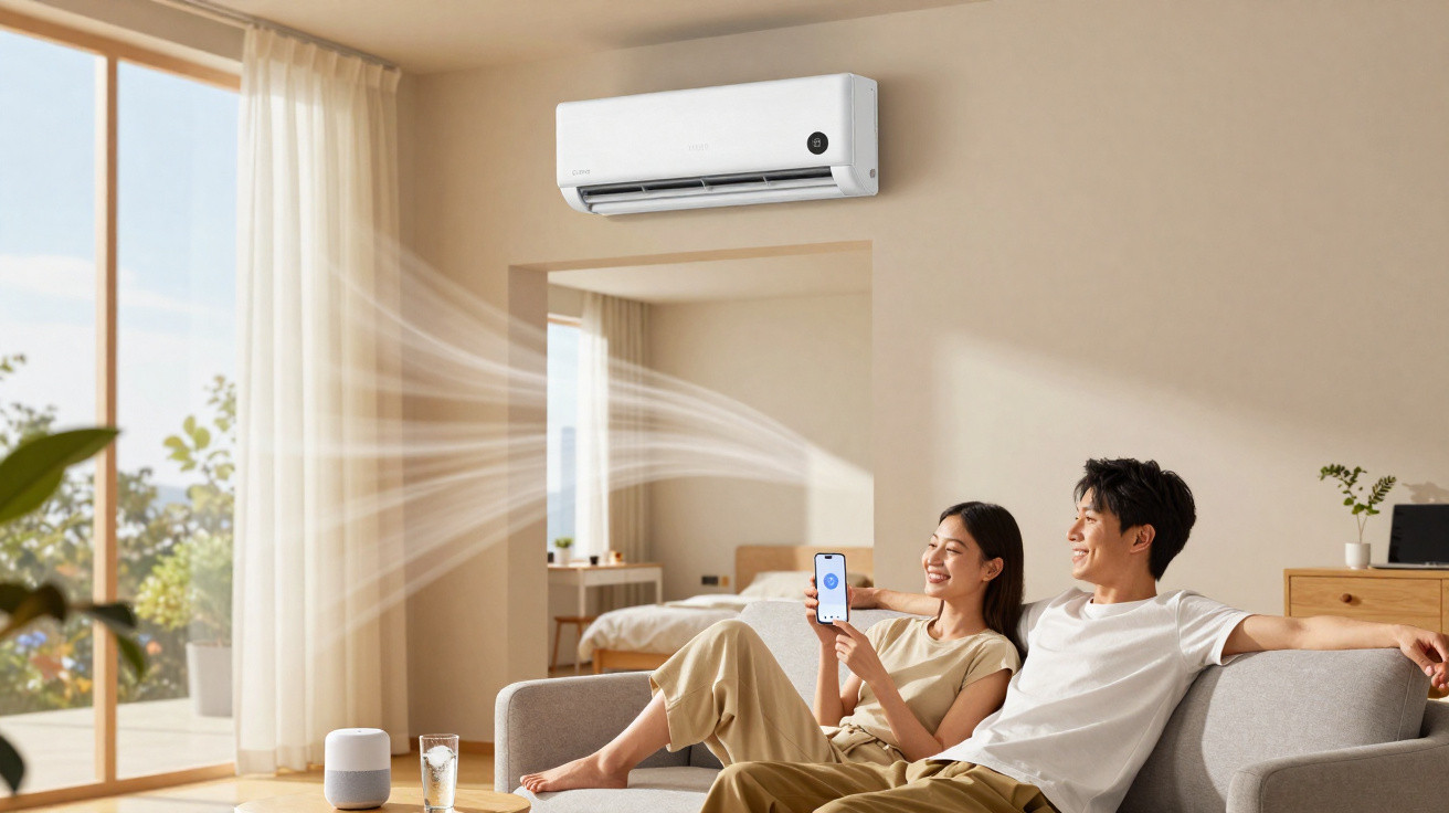 Casal relaxa no sofá enquanto ar condicionado húmido refresca a sala luminosa com controle por smartphone.