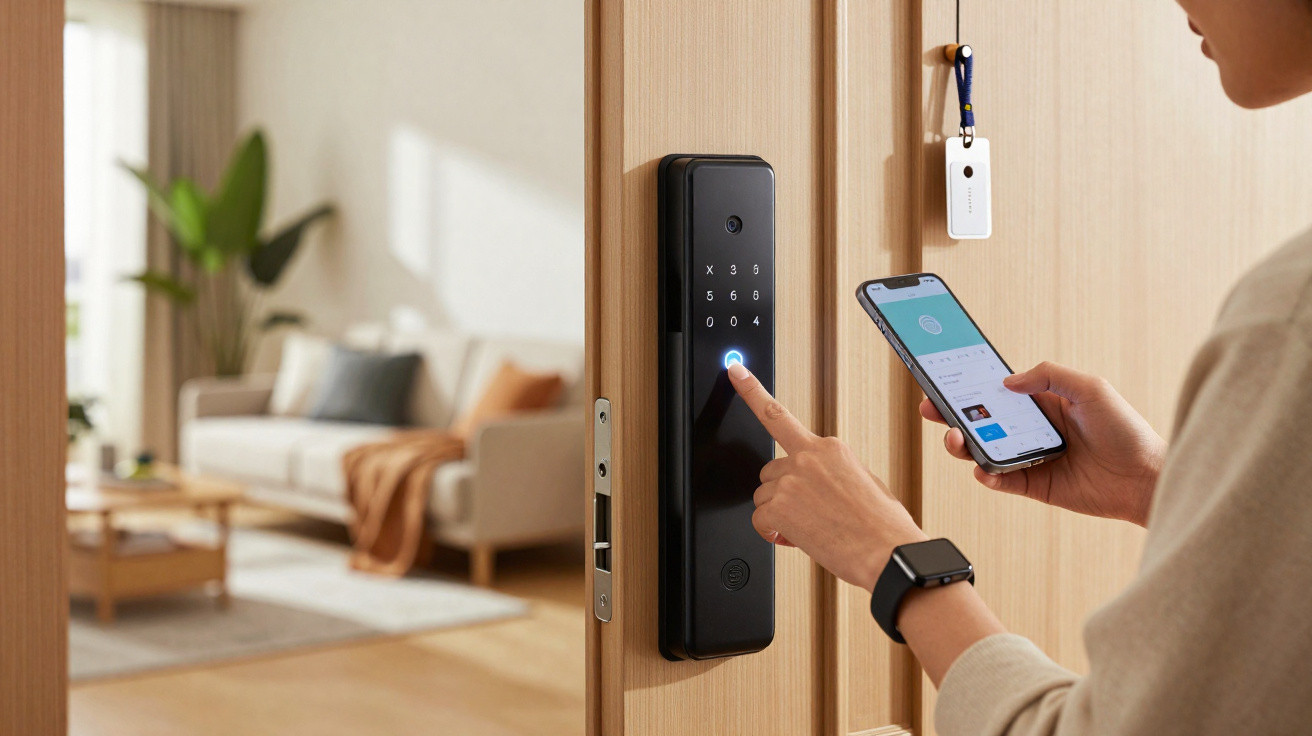 Pessoa a abrir porta com fechadura digital usando telemóvel numa sala moderna e luminosa.
