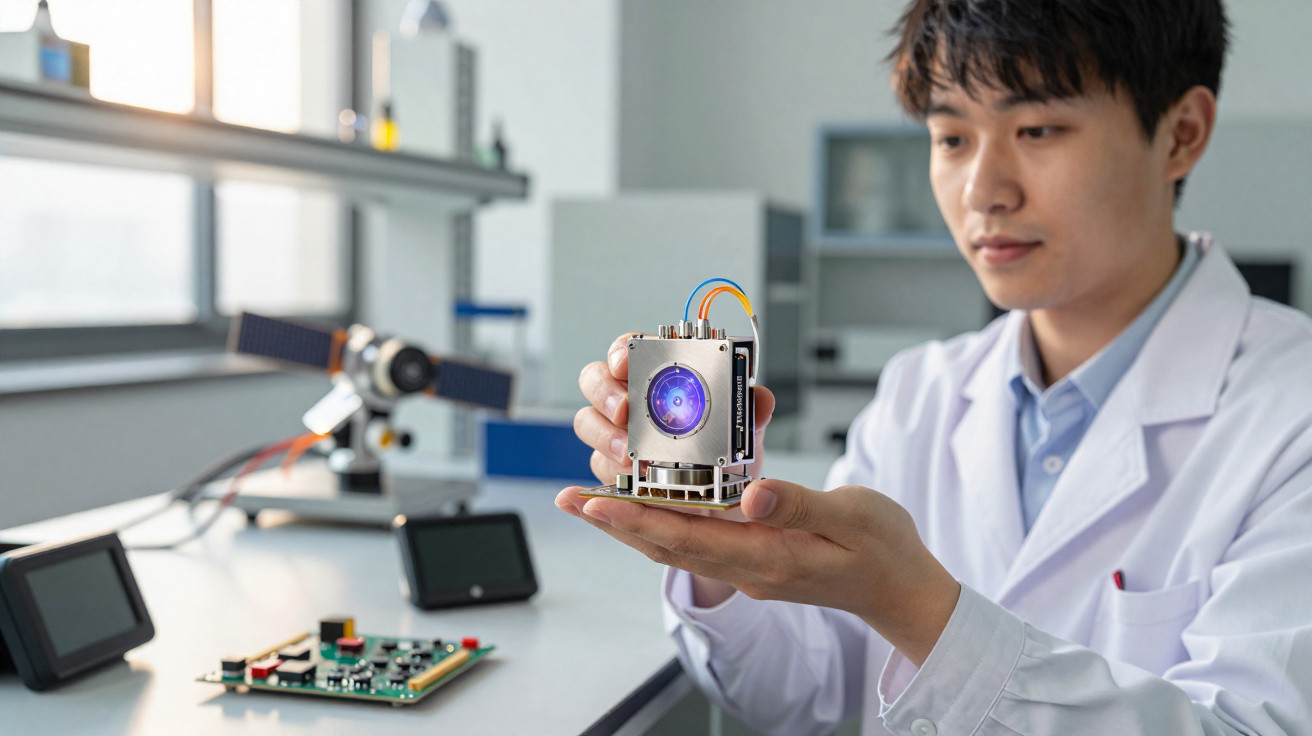 Homem de bata branca segurando dispositivo tecnológico com luz azul num laboratório moderno.