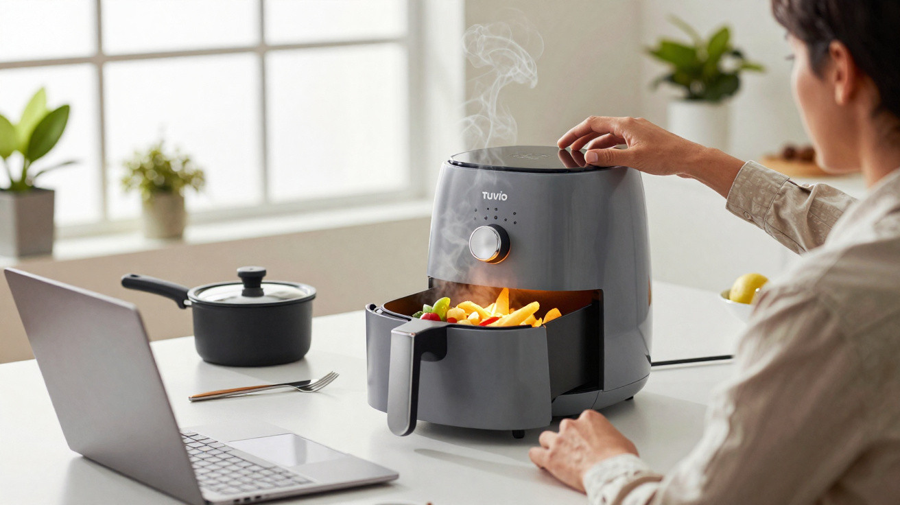 Pessoa a usar uma fritadeira de ar quente cinza num ambiente luminoso com comida a ser preparada.