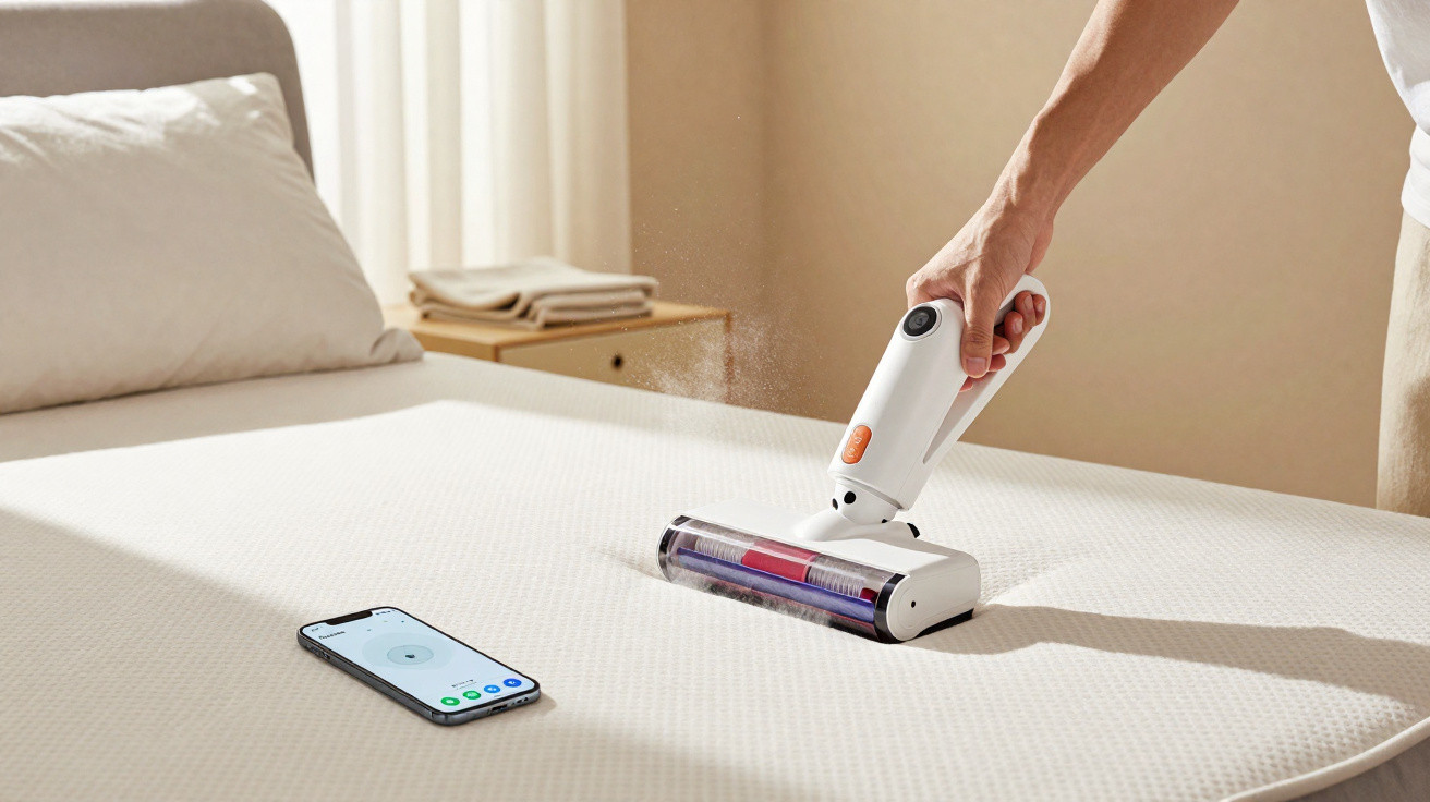 Pessoa a limpar colchão branco com aspirador portátil, telemóvel ao lado sobre a cama.
