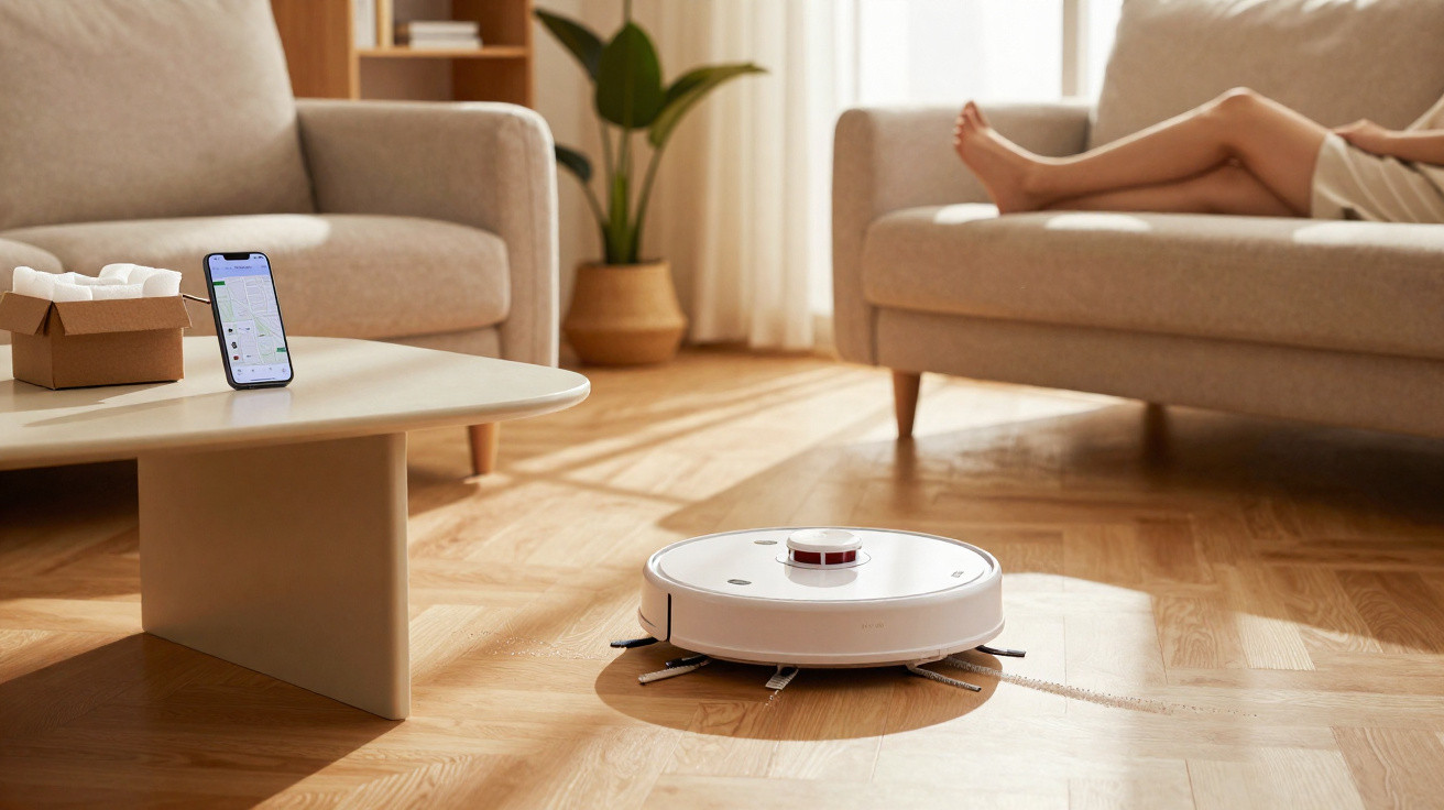 Robot de limpeza a aspirar chão de madeira numa sala com sofá e mesa baixa e pessoa sentada.
