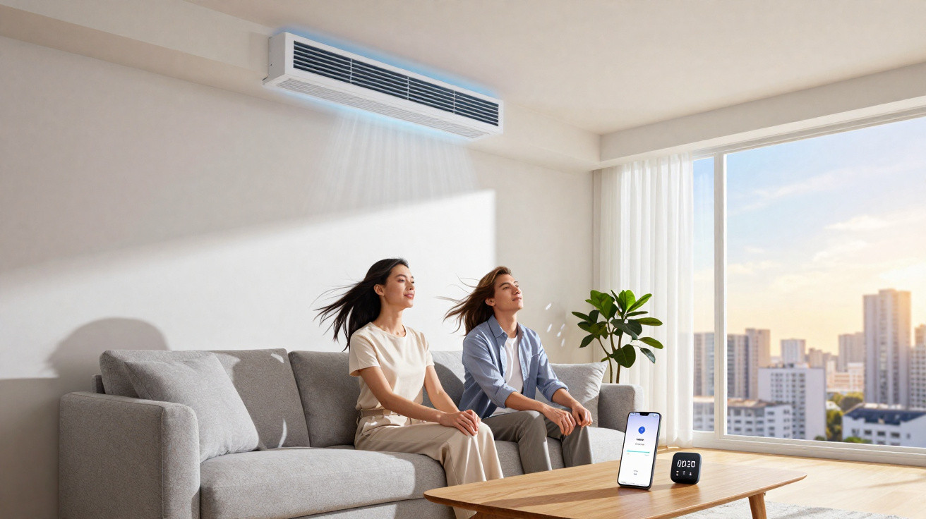 Duas pessoas sentadas num sofá num apartamento moderno sob ar condicionado ligado com vista para a cidade.