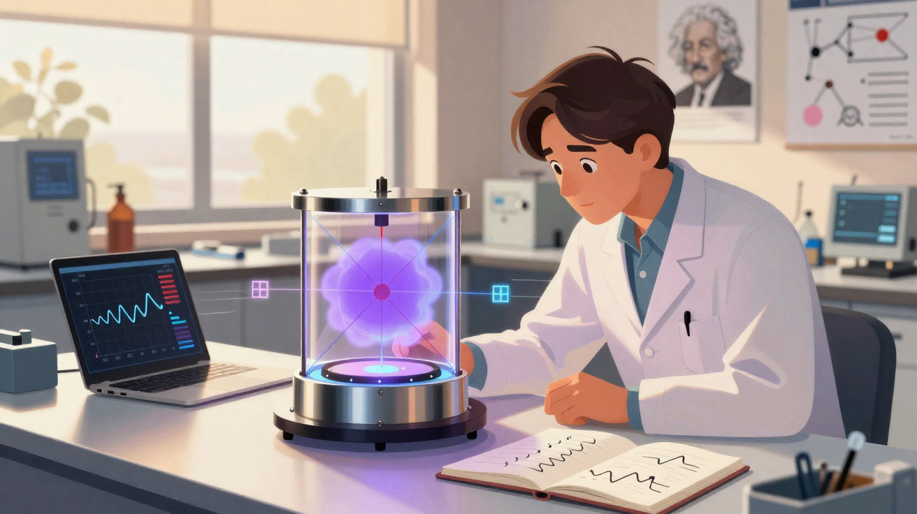 Cientista em laboratório analisando dispositivo futurista com projeção holográfica e gráficos num computador portátil.