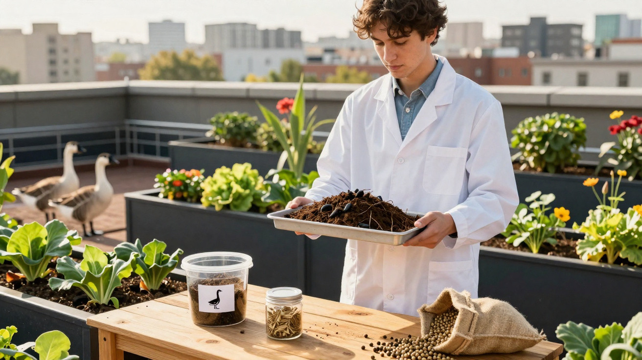 Jovem cientista em bata branca analisa solo em bandeja num jardim urbano com plantas e gansos ao fundo.