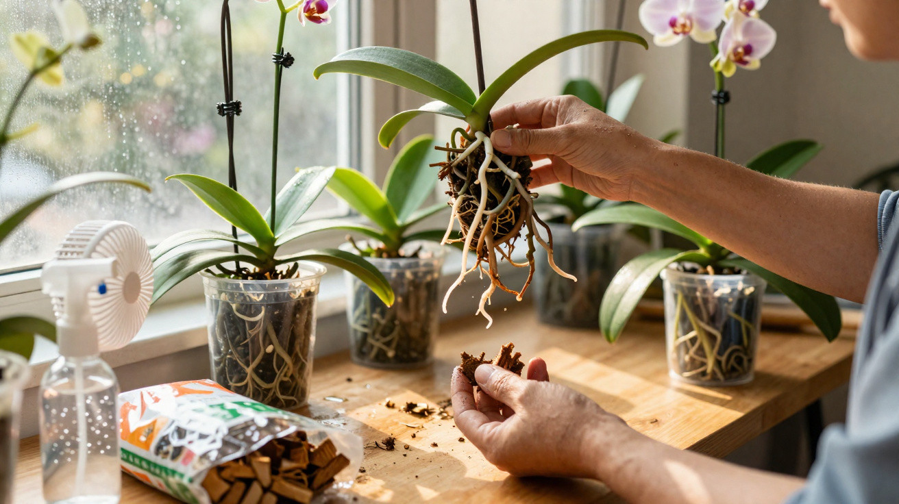 Pessoa a cuidar de orquídeas, segurando uma planta com raízes ao ar livre numa bancada junto a uma janela.