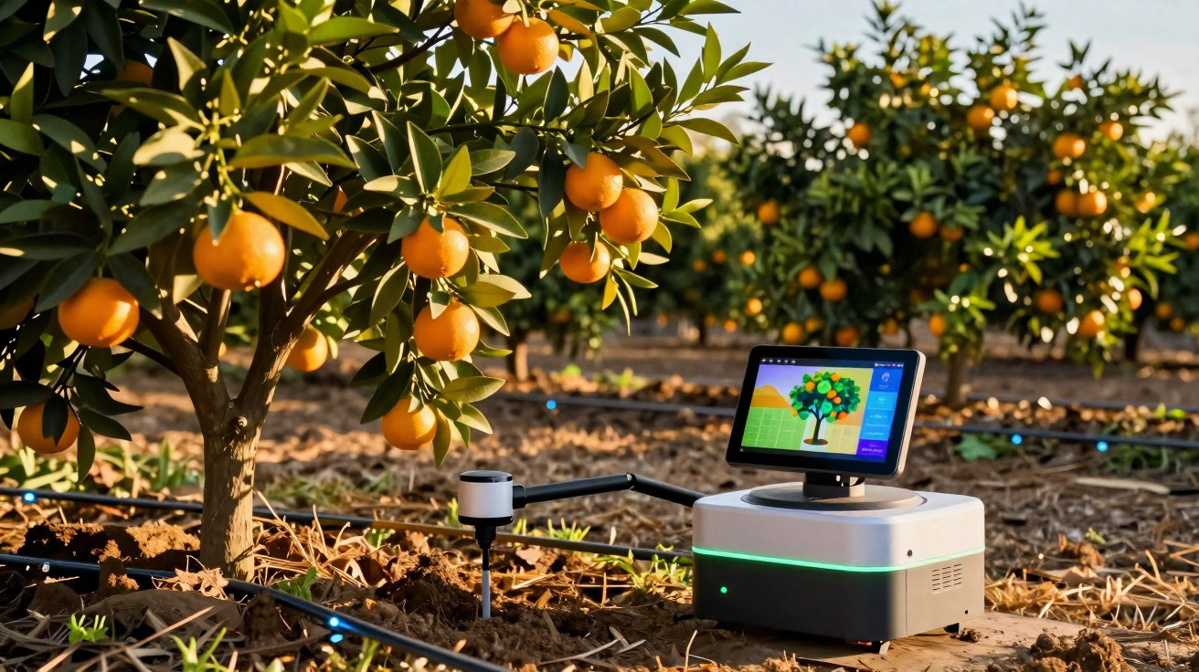 Robô agrícola com ecrã digital a monitorizar uma plantação de laranjeiras com frutos maduros.