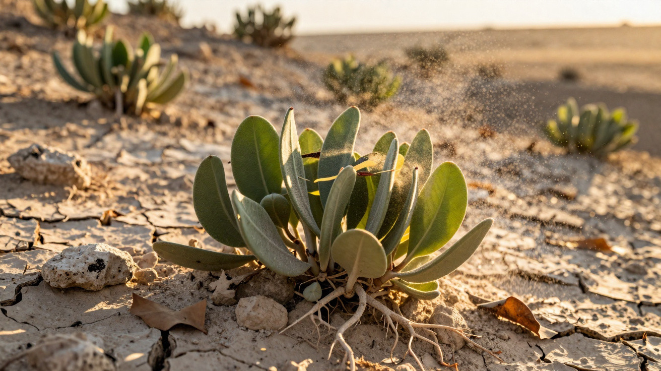 Planta suculenta com folhas verdes cresce em solo seco e rachado sob luz solar intensa.