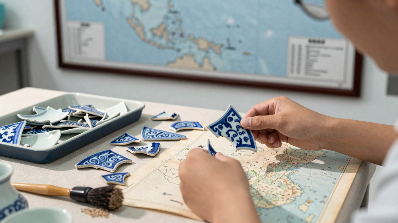 Mãos a montar mosaico de azulejos azuis sobre mapa antigo numa mesa, com pincel e peças partidas.