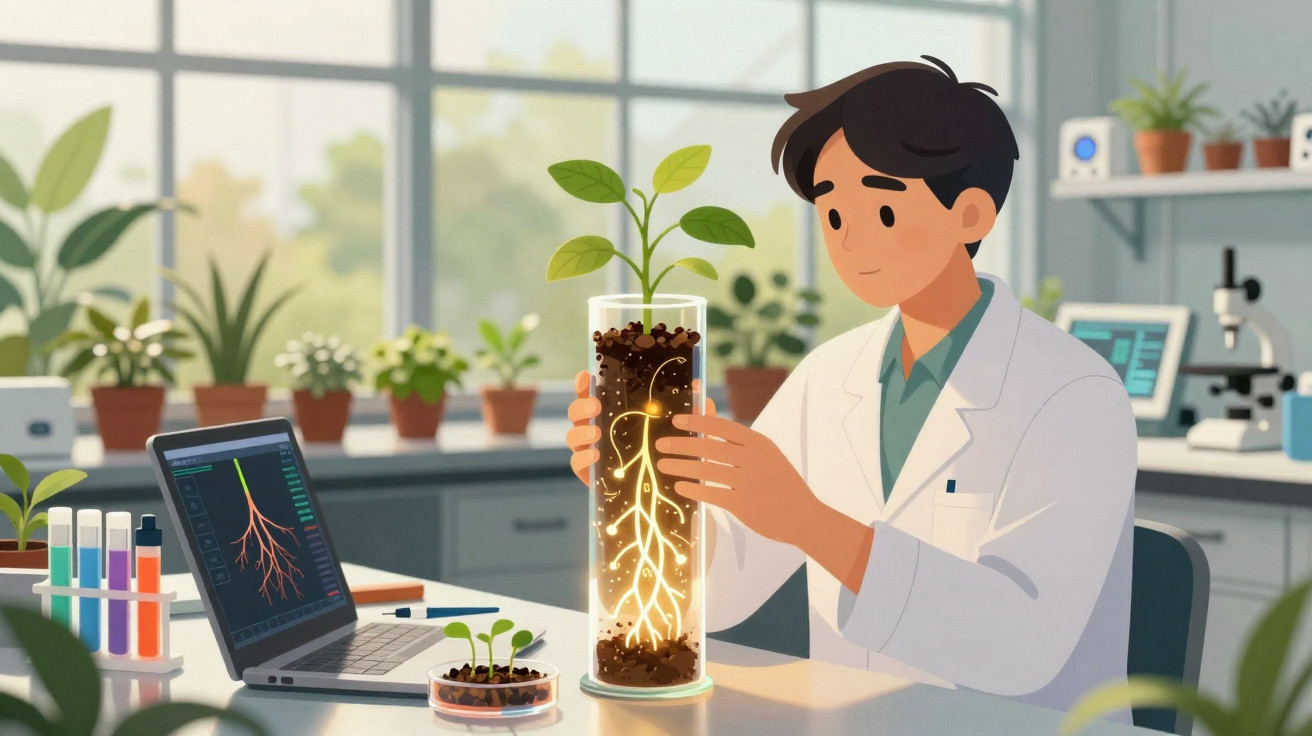 Investigador em laboratório analisa planta em vaso translúcido com raízes iluminadas, ao lado de computador e tubos de ensaio