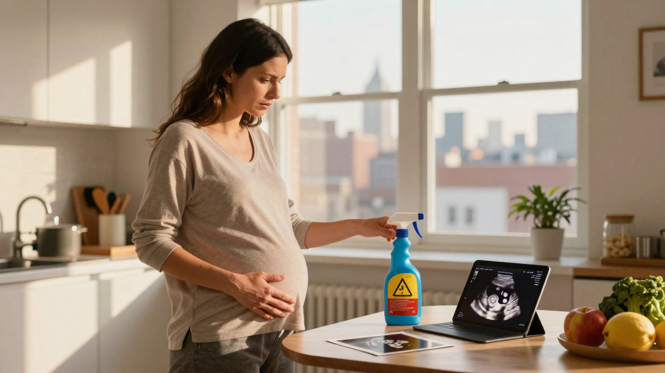 Mulher grávida na cozinha segura barriga e pulverizador perto de ecografia num tablet sobre mesa.