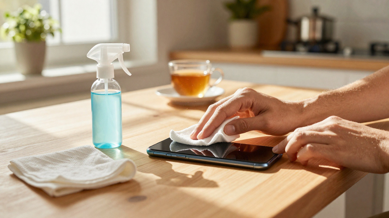 Mãos a limpar o ecrã de um tablet numa mesa de madeira ao lado de spray de limpeza e um lenço.
