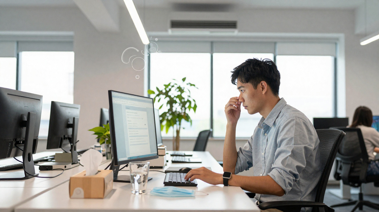 Homem sentado a trabalhar no computador num escritório moderno e iluminado.