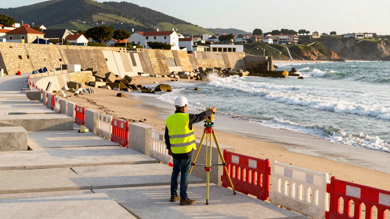 Técnico de engenharia em colete refletor e capacete a realizar medições numa praia com ondas e muro de contenção.