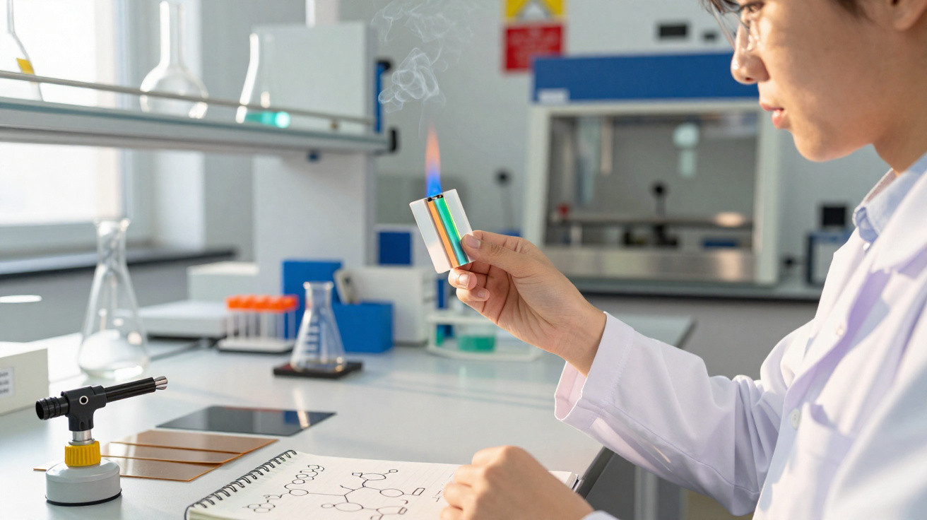 Pessoa com bata branca a queimar amostras coloridas num laboratório científico moderno.