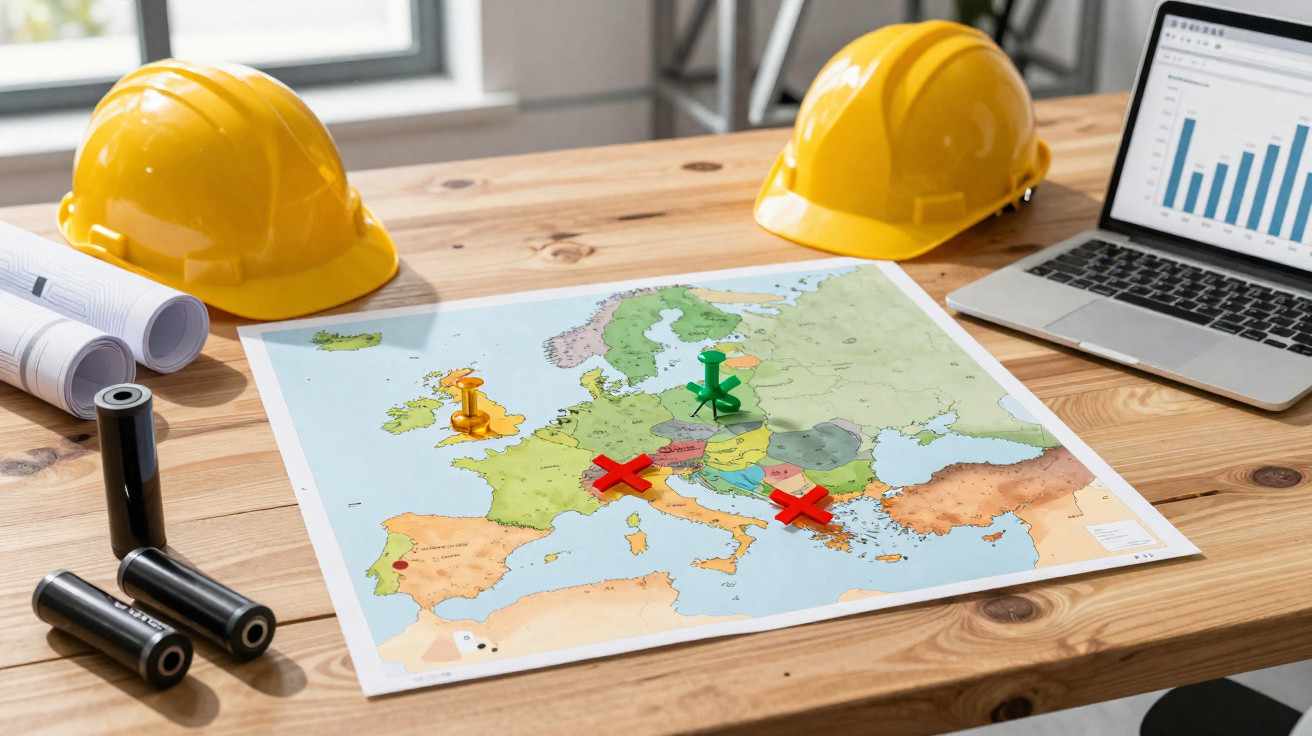Mesa com capacetes amarelos, mapa da Europa com pinos coloridos, cilindros pretos e portátil com gráfico.