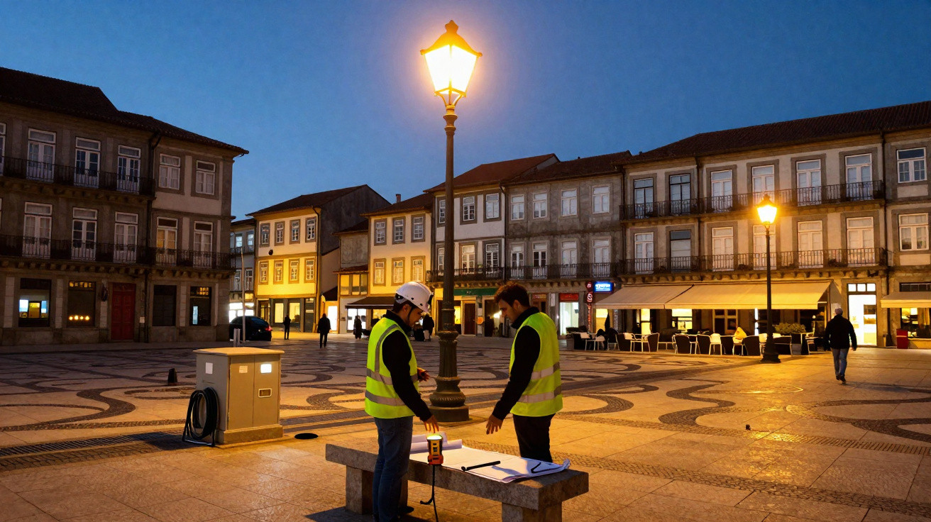 Praça ao entardecer com dois trabalhadores de colete refletor junto a um banco e várias casas antigas iluminadas.