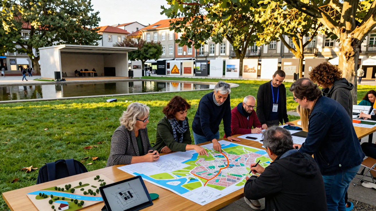 Grupo de pessoas em reunião ao ar livre a analisar um mapa urbano numa mesa comprida numa praça.