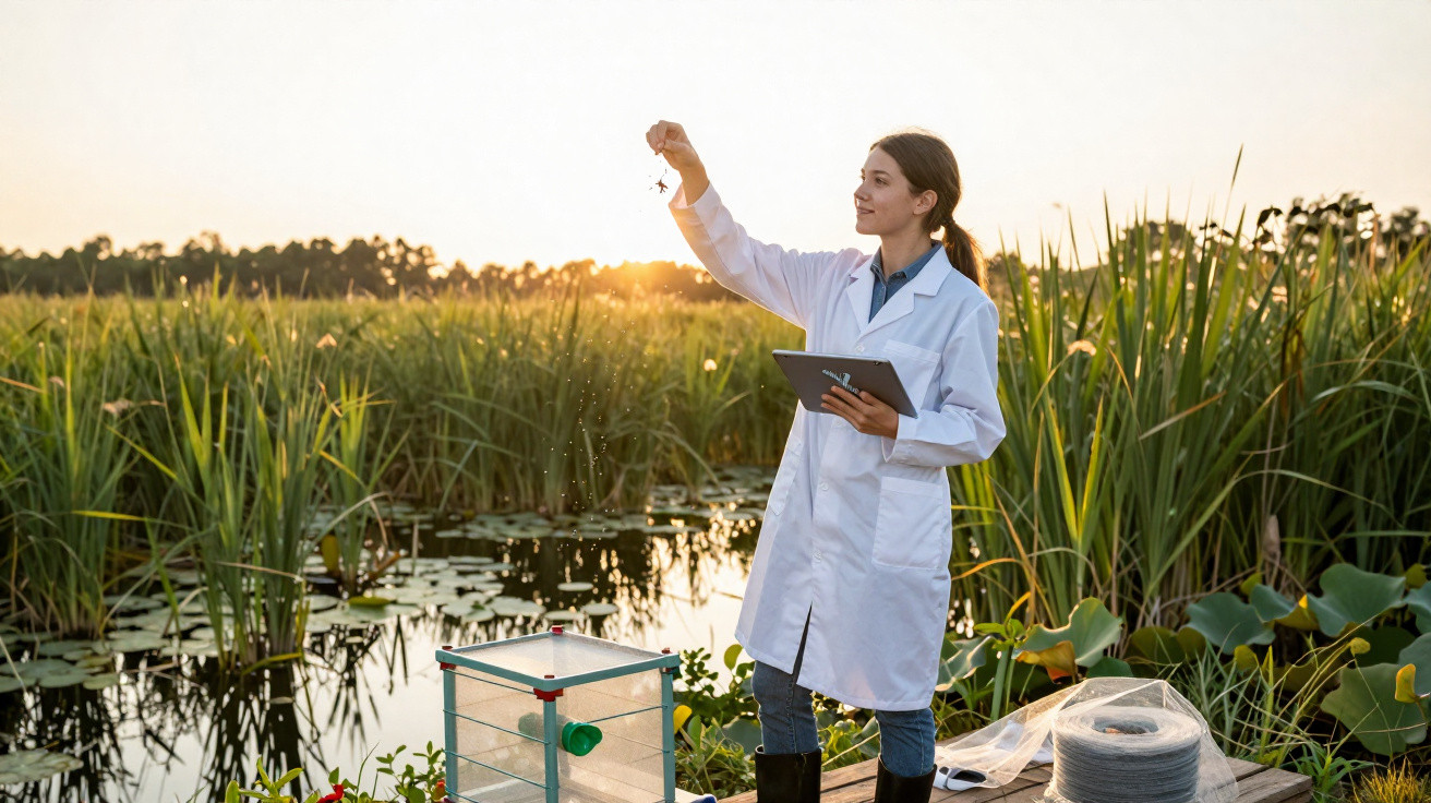 Cientista de bata branca segura amostra de água num lago com vegetação, ao pôr do sol, usando tablet.