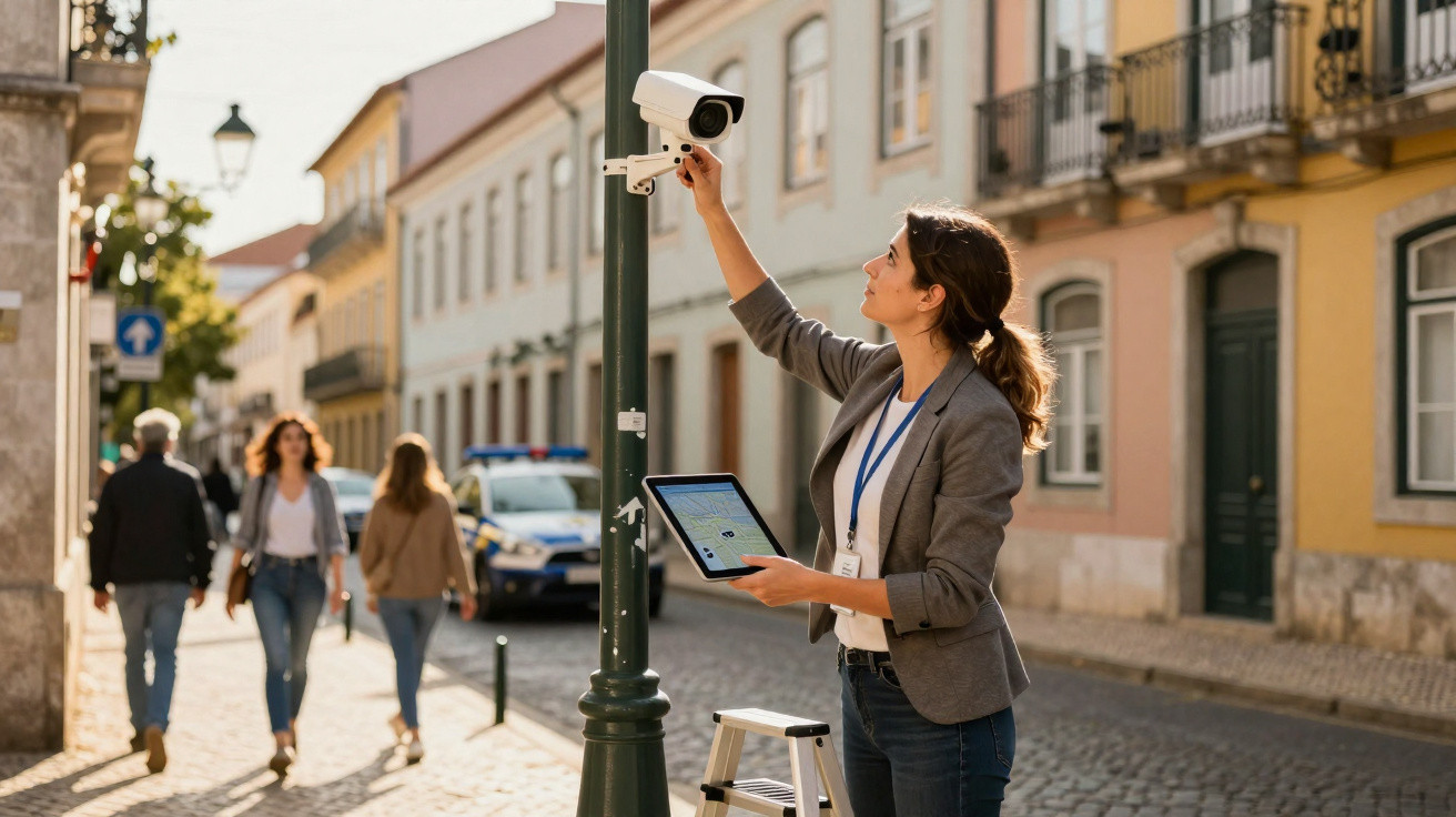 Mulher com tablet instala câmara de segurança num poste numa rua com prédios típicos e pessoas a caminhar.