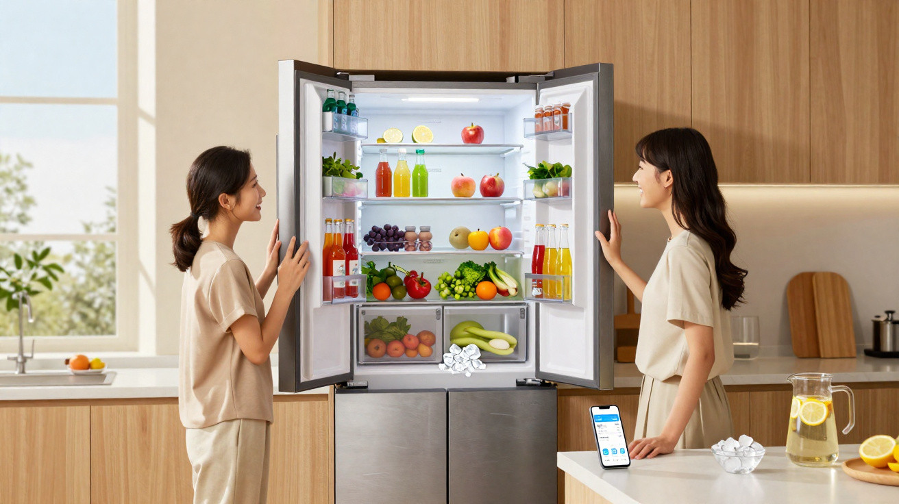 Duas mulheres a olhar para um frigorífico aberto cheio de frutas, legumes e bebidas numa cozinha moderna.