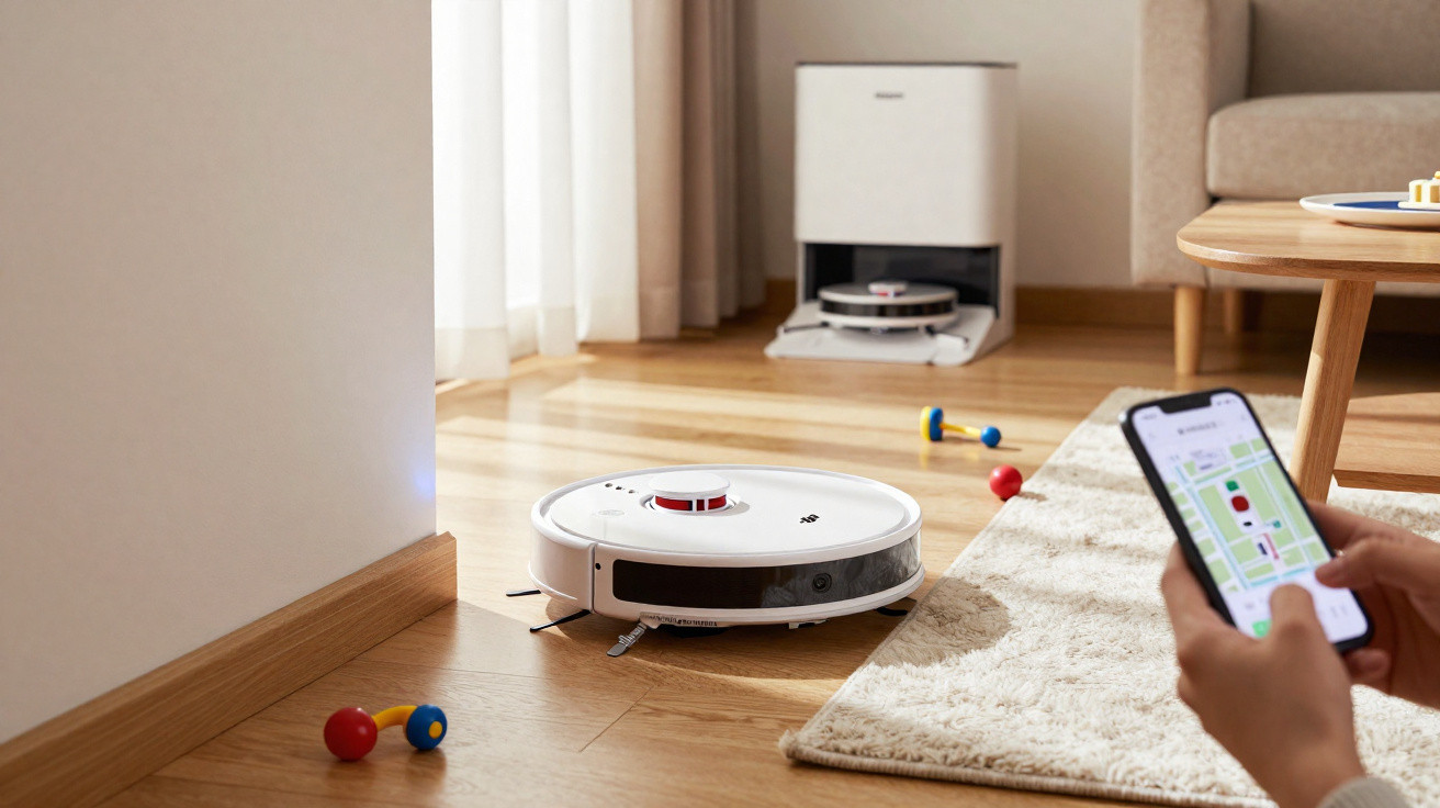 Aspirador robô branco a limpar chão de madeira, controlado por smartphone numa sala com tapete e brinquedos.