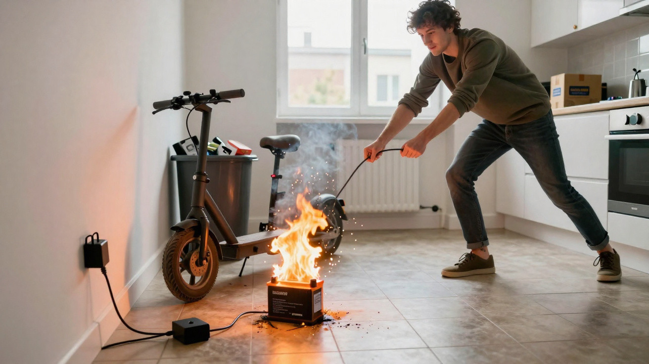 Homem a apagar fogo que começou num scooter elétrico dentro de casa.