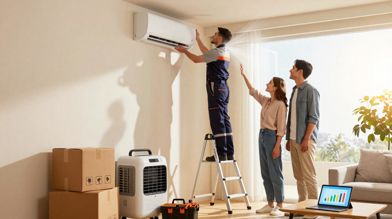 Técnico em escada a instalar ar condicionado, casal observa, caixas e aparelho no chão numa sala iluminada.