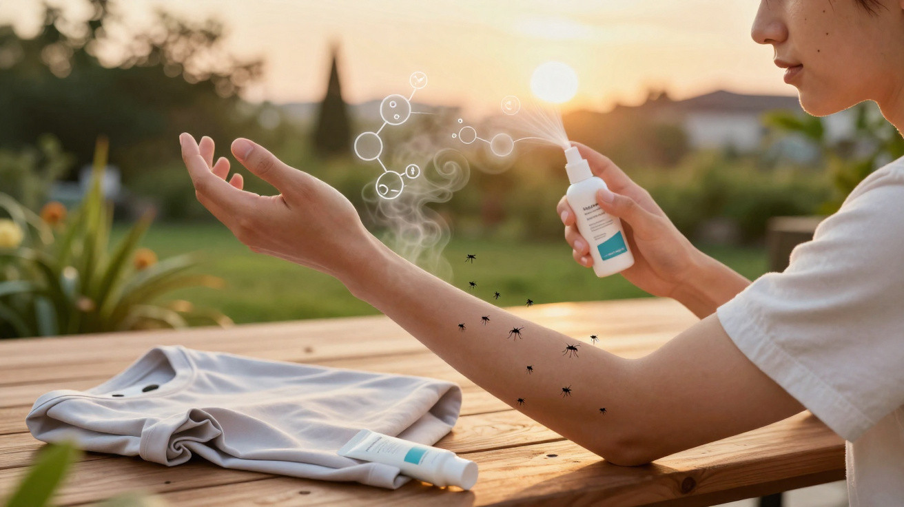 Pessoa a aplicar repelente para afastar mosquitos ao ar livre ao pôr do sol.