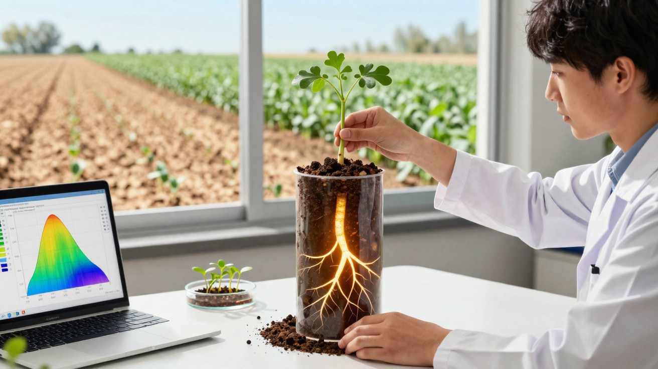 Cientista analisa planta jovem num vaso transparente com raízes iluminadas, computador aberto com gráficos ao lado.