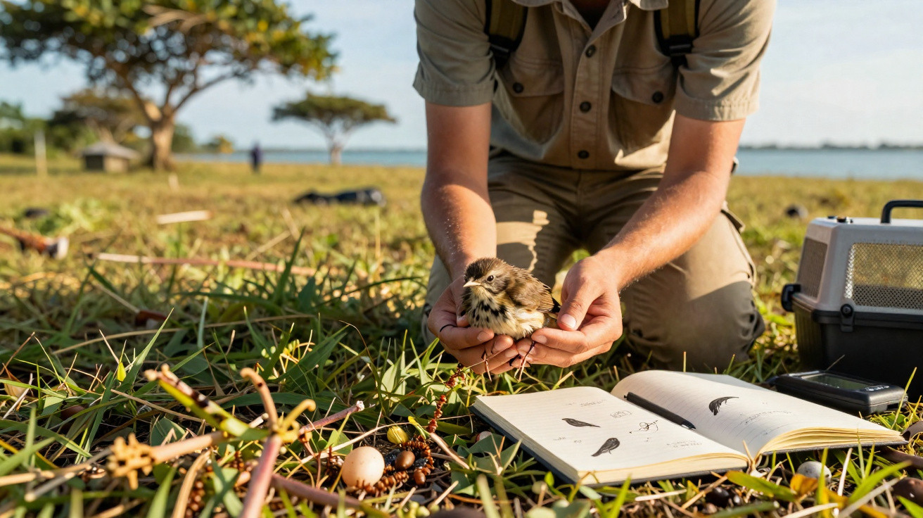 Pessoa a segurar um passarinho selvagem com livro de aves e gaiola no chão numa área ao ar livre.