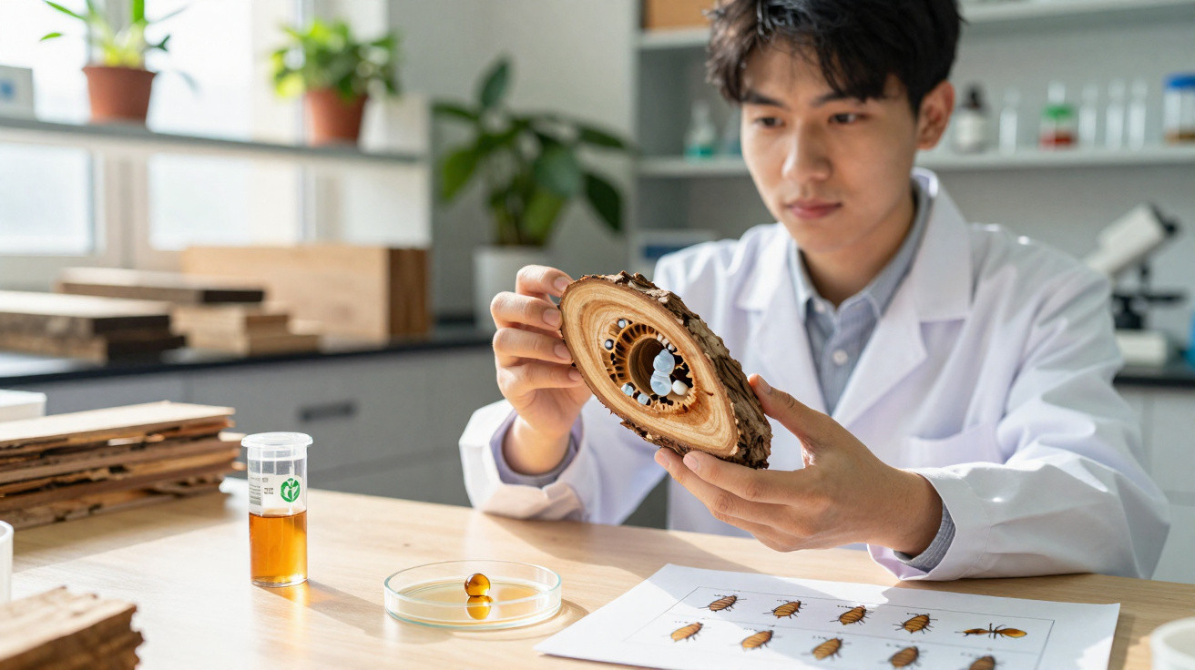 Cientista em laboratório a examinar fatia de madeira com insetos para estudo entomológico.