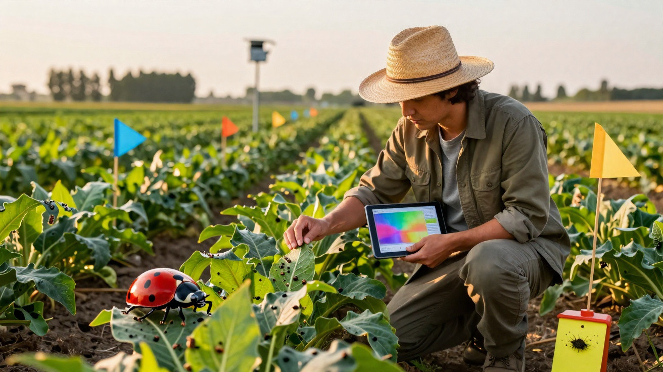 Agricultor com tablet analisa planta danificada em campo com insectos e marcadores coloridos.