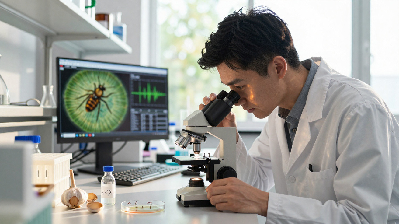 Cientista a observar amostra no microscópio em laboratório com imagem ampliada de inseto no ecrã do computador.