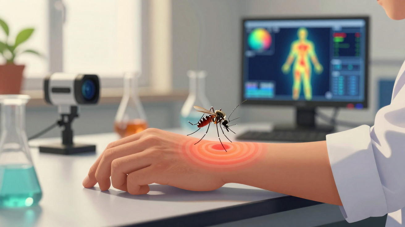 Mosquito a picar o braço de uma pessoa, com foco em irritação e análise médica no fundo.