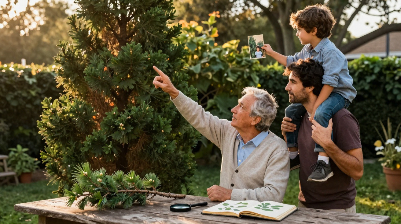 Homem idoso explica plantas a homem adulto e criança ao colo num jardim com livro de botânica aberto.